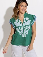 THML Embroidered Top w/Striped Sleeves