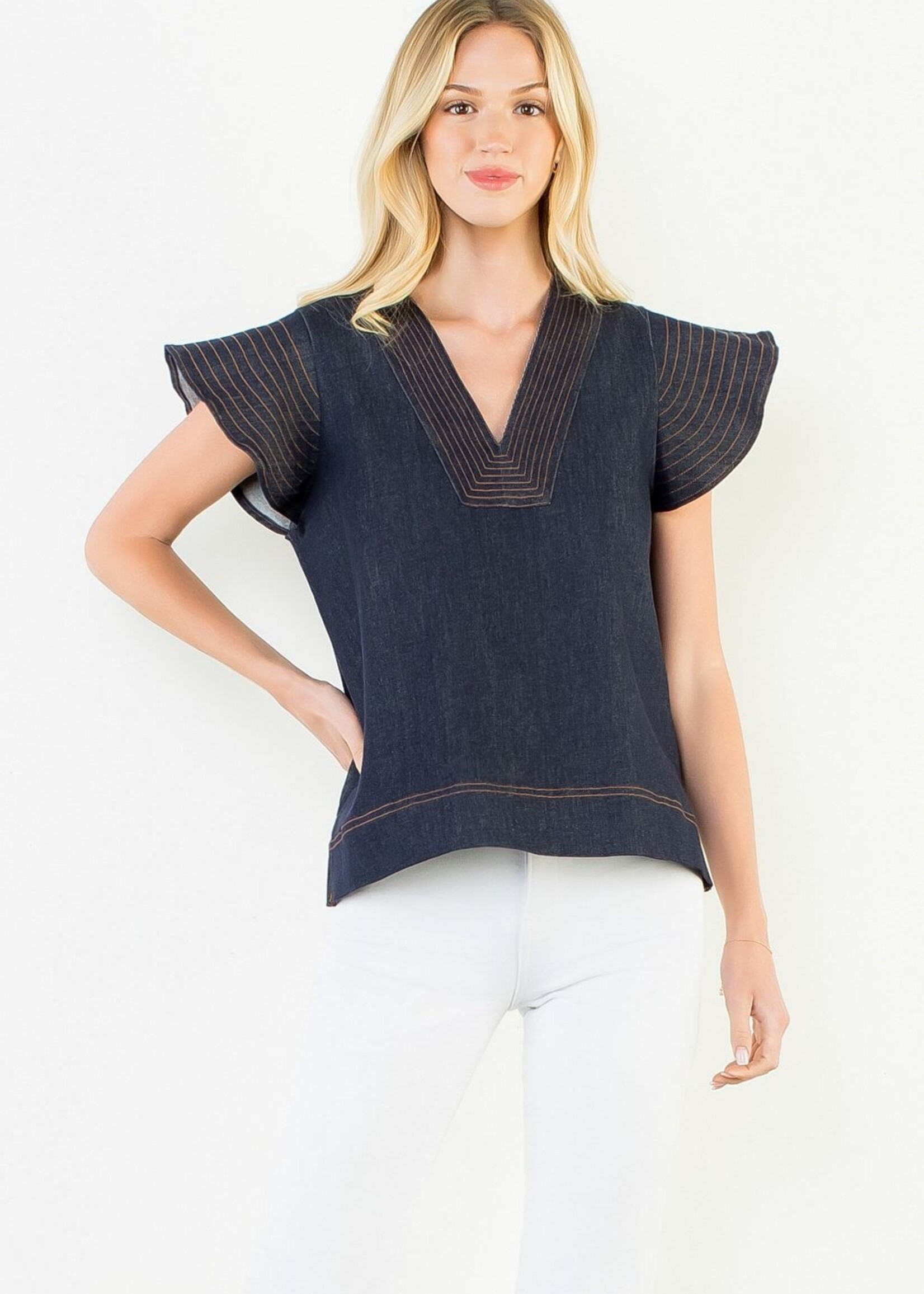 THML Short Sleeve V-Neck Denim Top