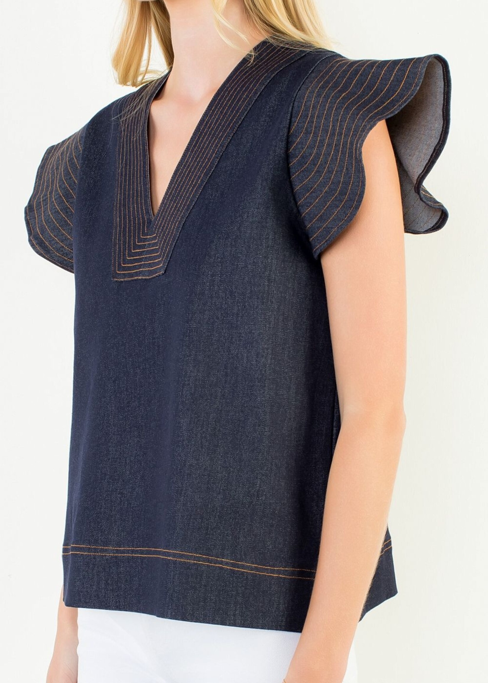 THML Short Sleeve V-Neck Denim Top