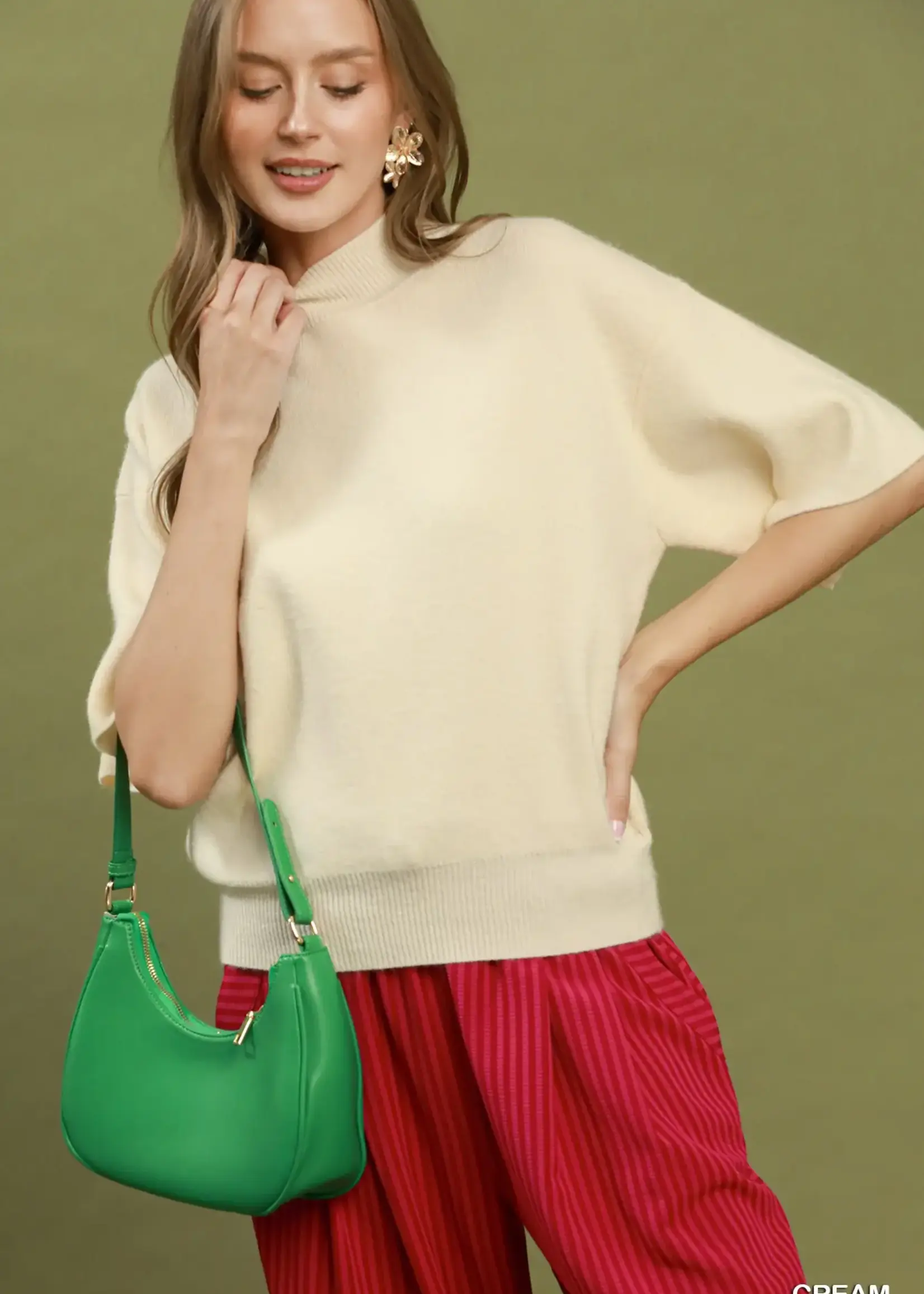 Umgee Mock Neck Short Sleeve Sweater Top -Cream