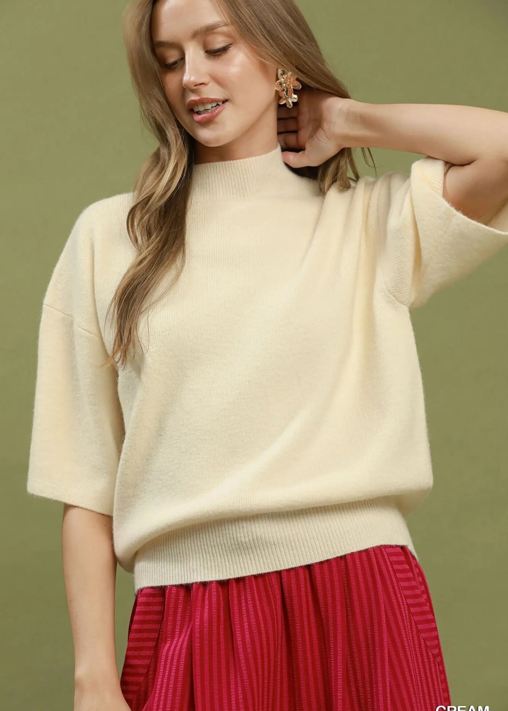 Umgee Mock Neck Short Sleeve Sweater Top -Cream