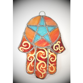 Stained Glass Hamsa Pentacle in Orange and Teal Glass