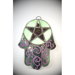 Stained Glass Hamsa Pentacle in Purple and Green Glass