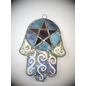 Stained Glass Hamsa Pentacle in Rainbow Swirl and Blue Glass