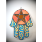 Stained Glass Hamsa Pentacle in Teal and Orange Glass