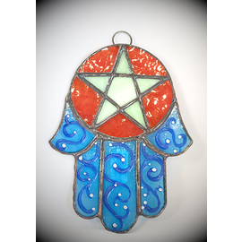 Stained Glass Hamsa Pentacle in Blue and Green Glass