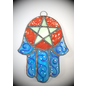 Stained Glass Hamsa Pentacle in Blue and Green Glass