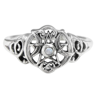Heart Pentacle Ring with Rainbow Moonstone - Size 6
