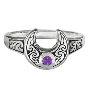 Silver Horned Moon Ring with Amethyst - Size 8