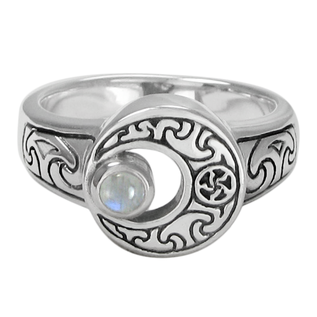 Crescent Moon Ring with Rainbow Moonstone - Size 5