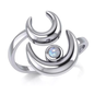 Silver Crescent Moon Goddess Ring with Rainbow Moonstone Size 10