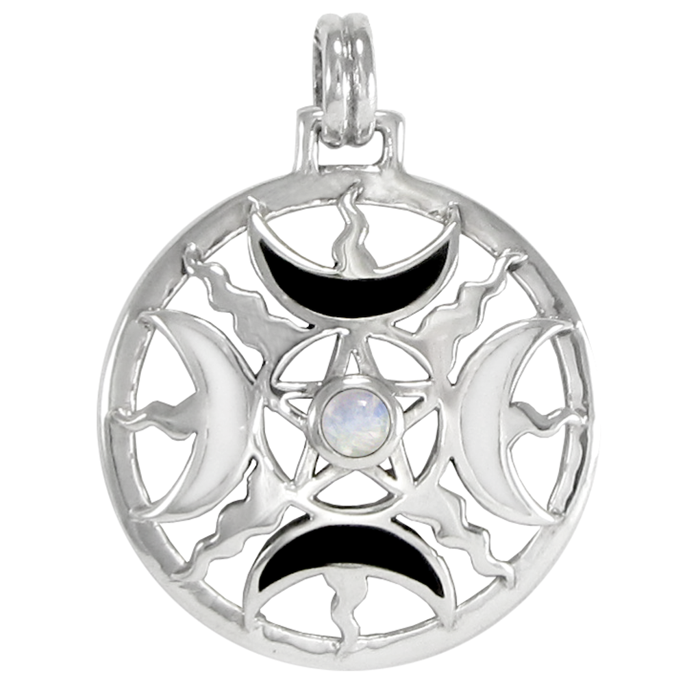 Sterling Silver Moon Phase Pentacle Pendant w/ Rainbow Moonstone - 1 1/4  Inch Diameter