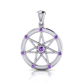 Sterling Silver Septagram with Amethyst Gemstone Pendant - 1 1/4 Inches in Diameter