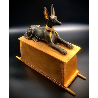 Anubis Statue on Wooden Box - 13.5 Inches Tall in Black Polystone and Wood- Made in Egypt