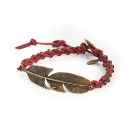 Woven Red leather with stamped brass beads and brass feather bracelet