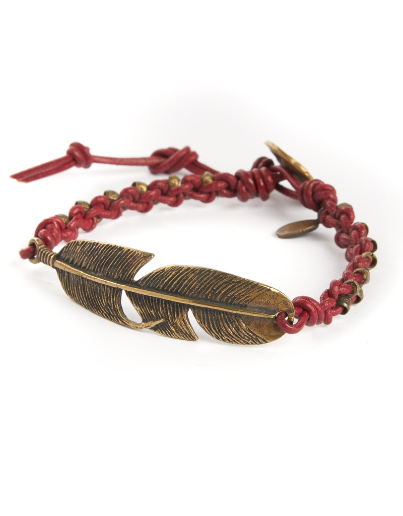 Woven Red leather with stamped brass beads and brass feather bracelet