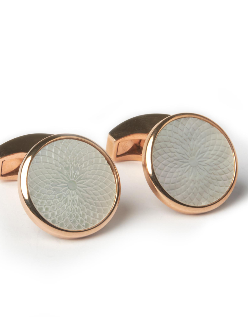 Round Guilloche White MOP Cufflinks, Rose Gold Plated Stainless