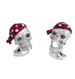 Sterling Silver Skull Cufflinks with enameled Bandana and Ruby Functional Eyes
