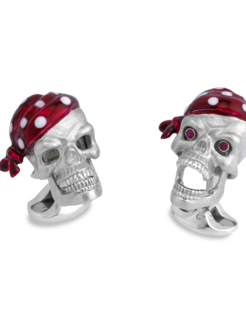 Sterling Silver Skull Cufflinks with enameled Bandana and Ruby Functional Eyes