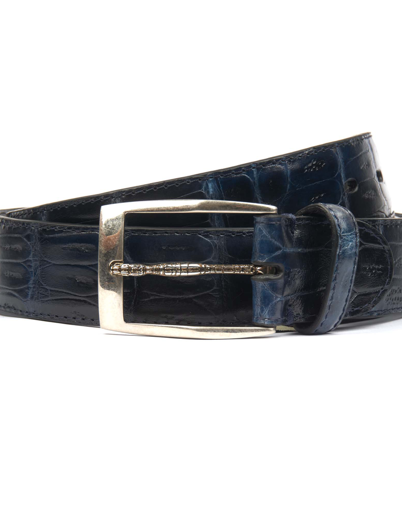 Burdi Cayman Yacare Crocodile Belt with snake buckle, Blue