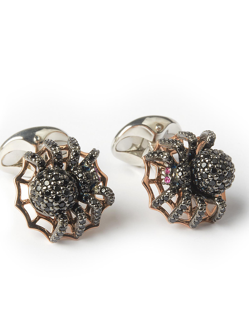 Sterling Silver Black Spiel Micro pave Spider Cufflinks with Rose Gold plated web