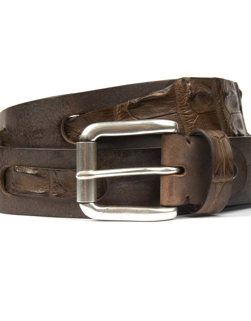 Leather belt with interwoven Crocodile Brown