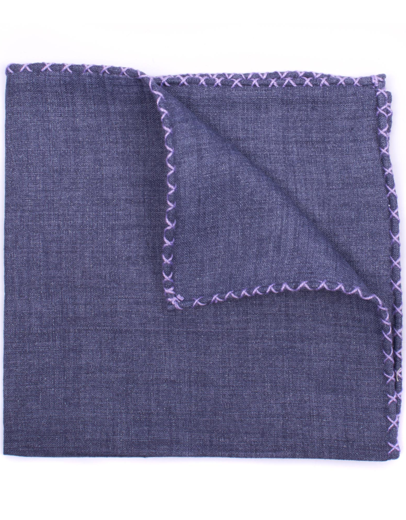 Linen Pocket Square with Hand-made cross stitch border, Denim w/Lavender