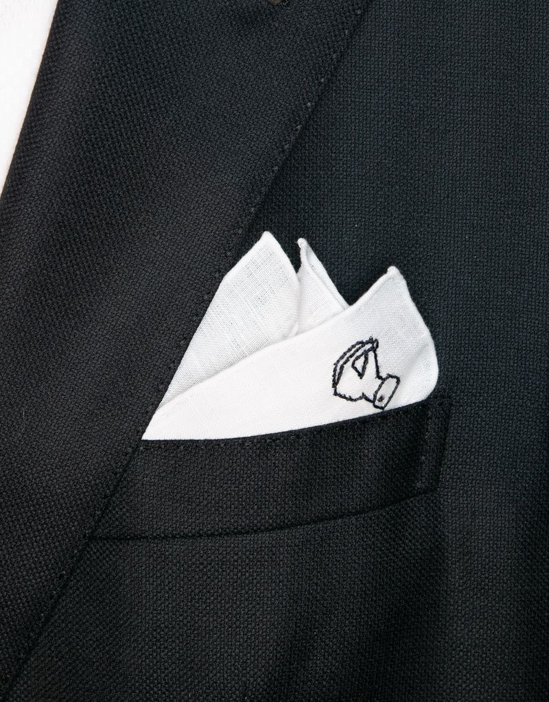 Pure linen pocket square with emboidered motif Burdi's logo in white