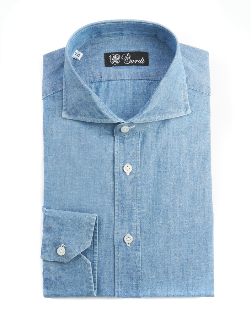 100% Cotton Chambray Shirt in Light Blue