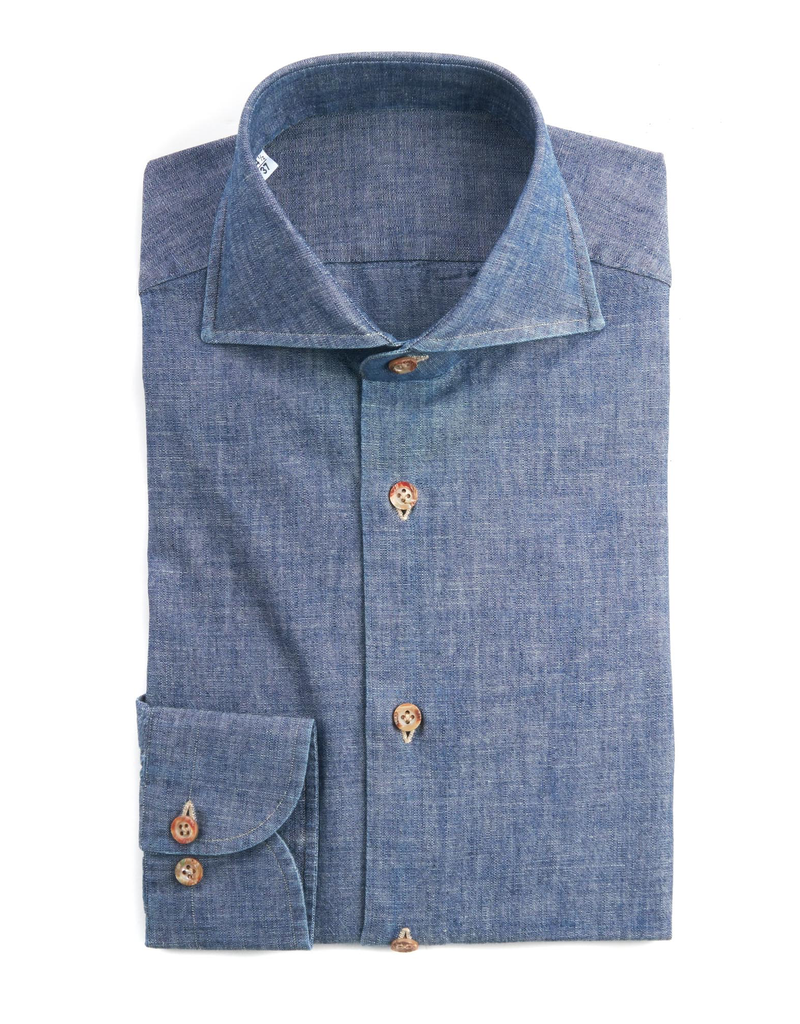100% Cotton Chambray Shirt in Navy with Beige Detailing