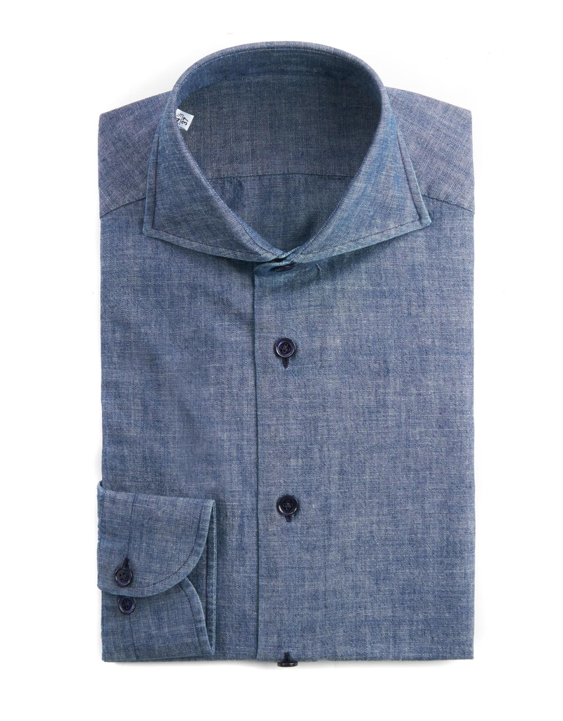 100% Cotton Chambray Shirt in Navy