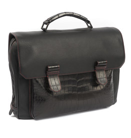 Black Deerskin Briefcase with Alligator Accents and Red Stitching