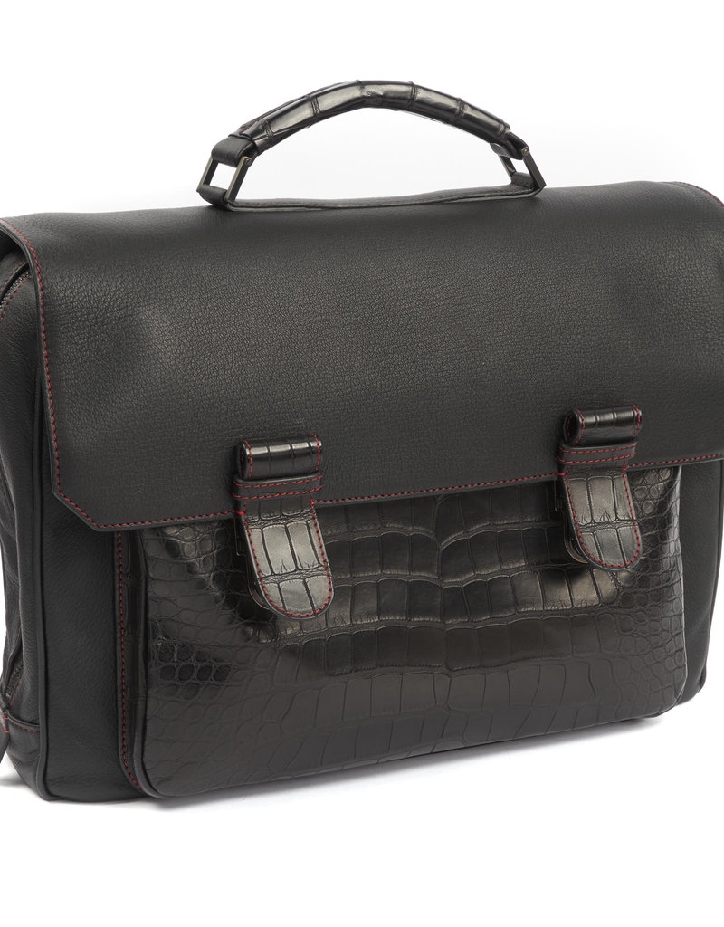 Black Deerskin Briefcase with Alligator Accents and Red Stitching