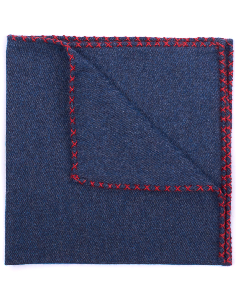 Navy Flannel Pocket Sq with Hand-made cross stitch Red border