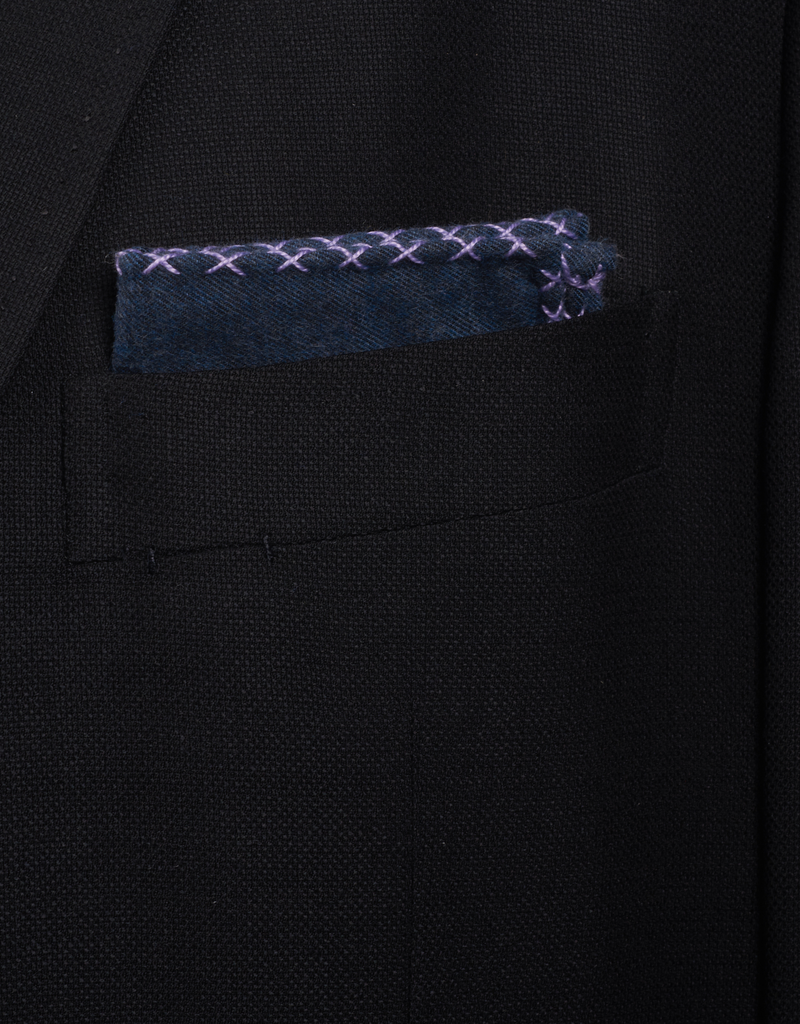 Navy Flannel Pocket Sq with Hand-made cross stitch Lavender border