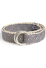 Hand-Made Tapestry Belt with round buckle and fringe, Cream & Navy