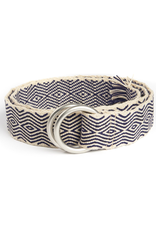 Tapestry Belt with Round Buckle and Fringe, Cream & Navy