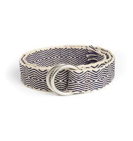 Tapestry Belt with Round Buckle and Fringe - Cream & Navy