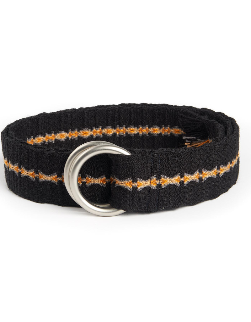 Tapestry Belt with Round Buckle and Fringe, Black & Gold