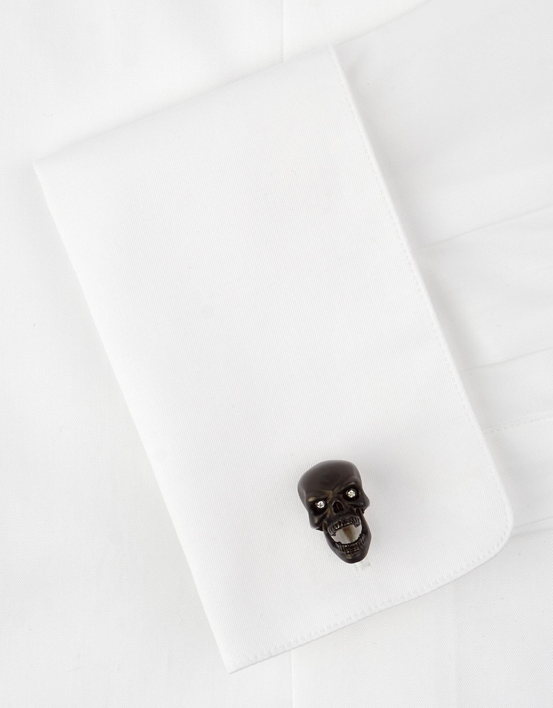 Oxidized Sterling Silver Skull Cufflinks with Functional mouth and Diamond Eyes