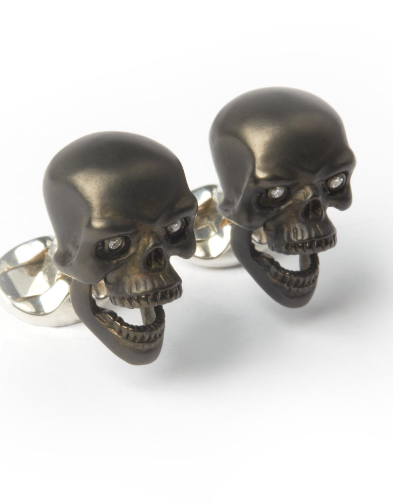 Oxidized Sterling Silver Skull Cufflinks with Functional mouth and Diamond Eyes