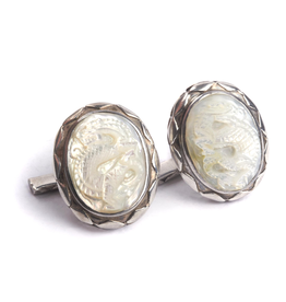 Hand carved Mother of Pearl Naga in 950 Sterling Silver Cufflinks