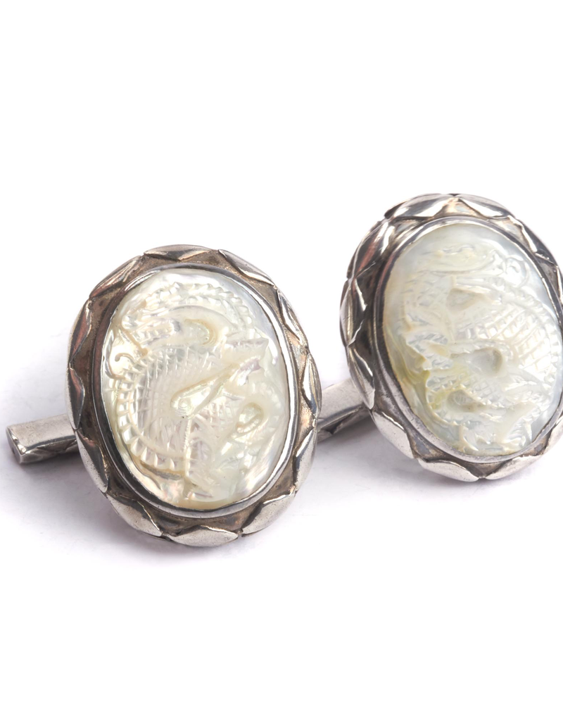 Hand carved Mother of Pearl Naga in 950 Sterling Silver Cufflinks