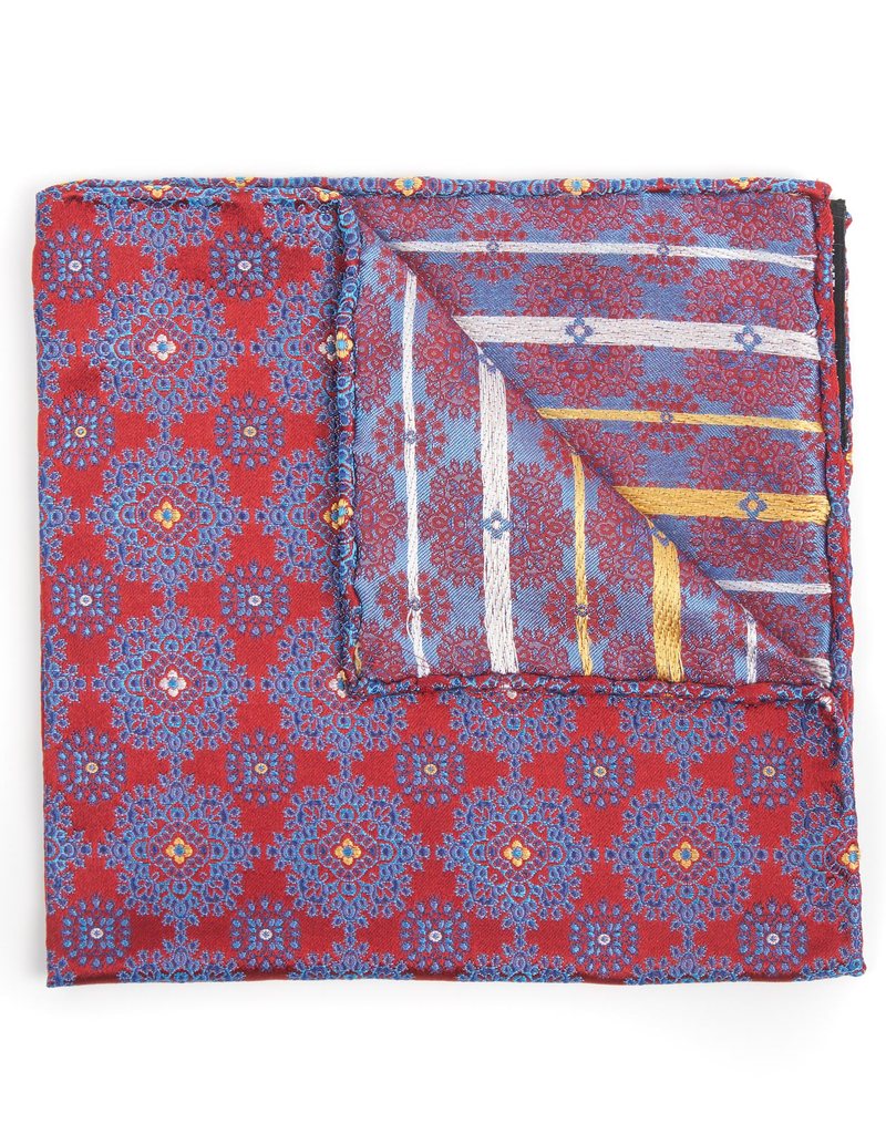 Silk Pocket Square Medallion brocade, Red and Navy