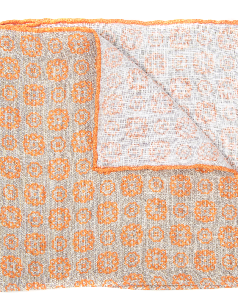 Printed Pocket Square, Taupe & Orange Medallions