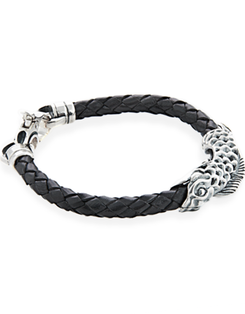 Burdi Braided Leather Bracelet with Koi Fish in 925 Sterling Silver