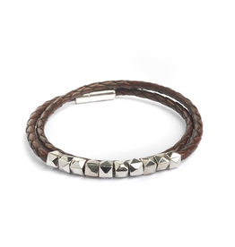 Tat Silver and Leather Braided Bracelet Double Wrap