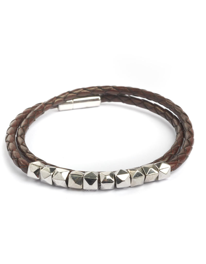 Tat Silver and Leather Braided Bracelet Double Wrap