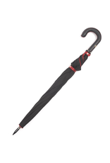 Burdi Black Umbrella with Red Interior, Black Leather Handle and Red Accent Stitching