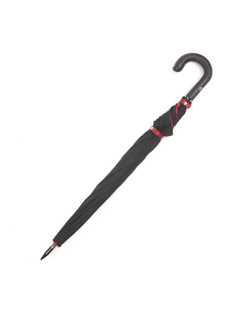 Burdi Black Umbrella with Red Interior, Black Leather Handle and Red Accent Stitching